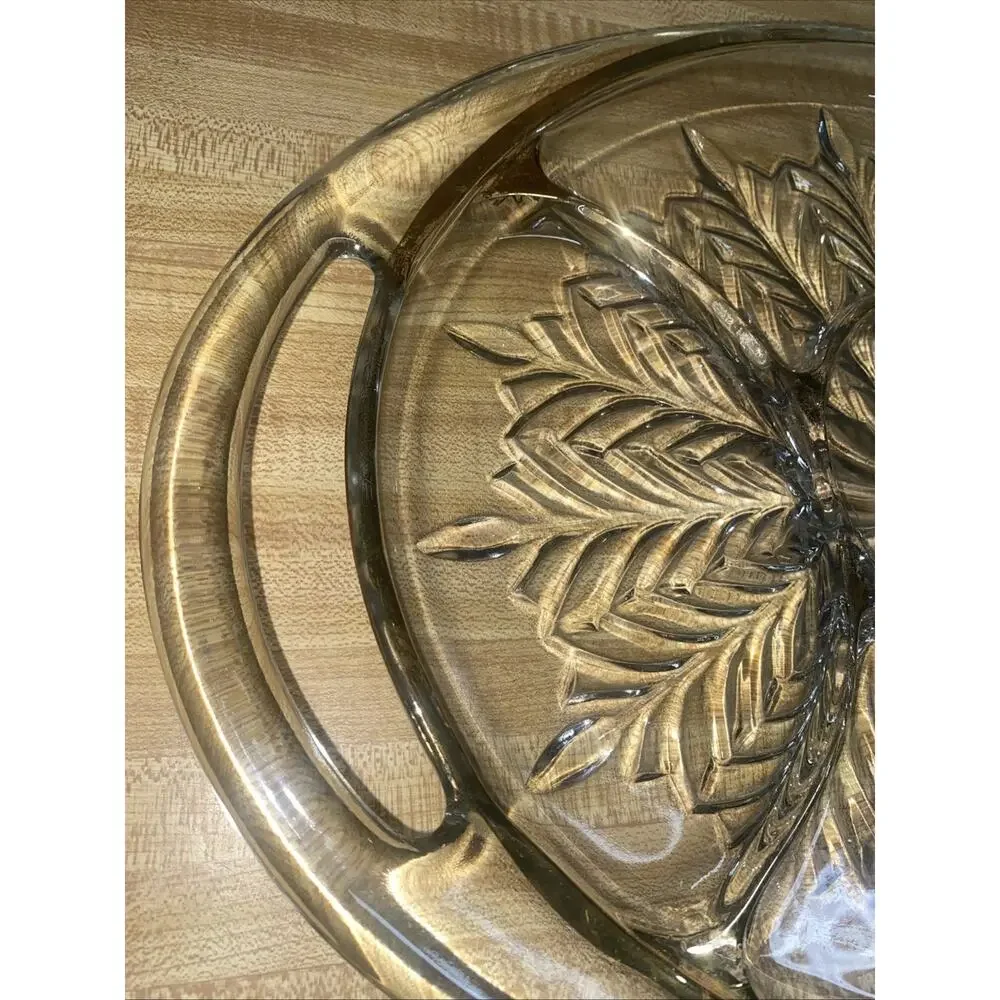 Jeanette Feather Gold Trim 5 Section Handled Relish Tray Clear Glass Platter